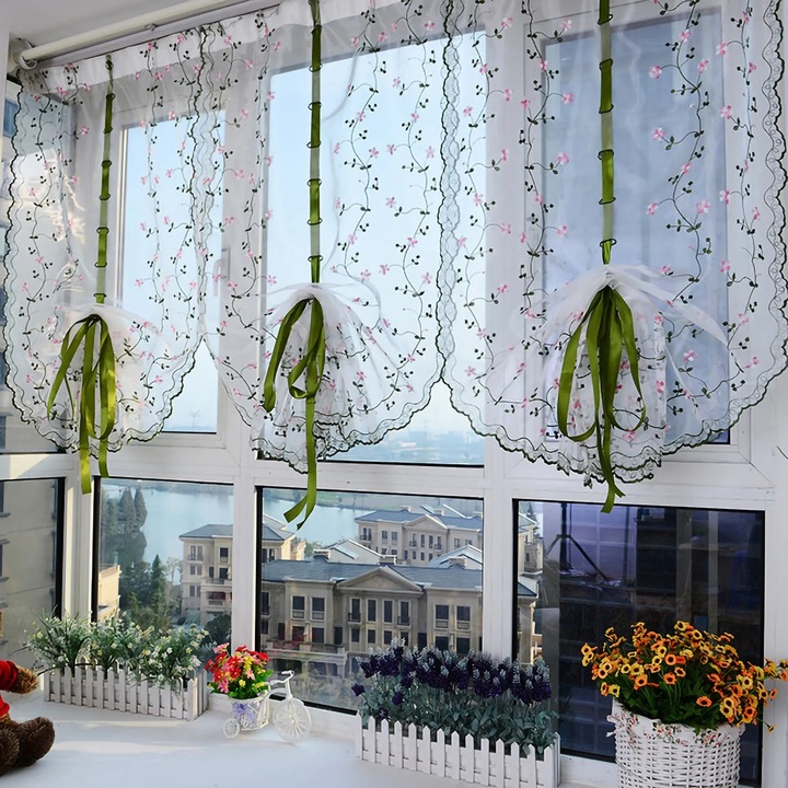 YANYXR Római roló, virágmintás hímzéssel, voile, 150x80cm