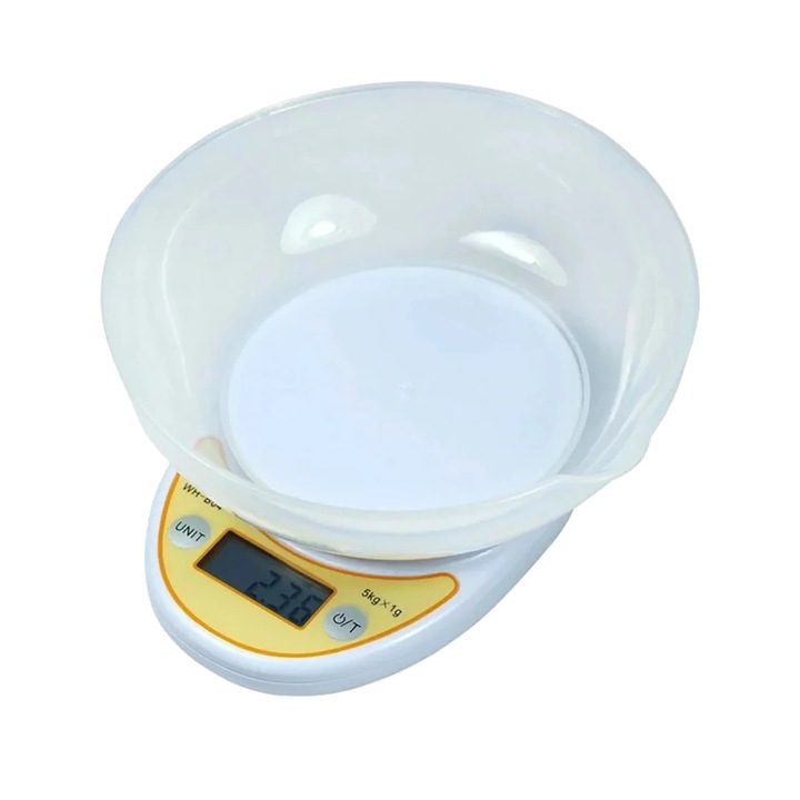 Cantar electronic de bucatarie, galben, cu bol detasabil, 2 unitati masura, 20x15x7cm