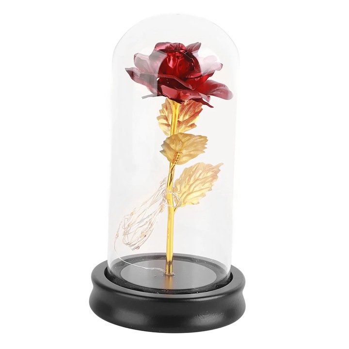 24K aranyozott rózsa LED fénnyel és üvegburával, piros 22x13cm