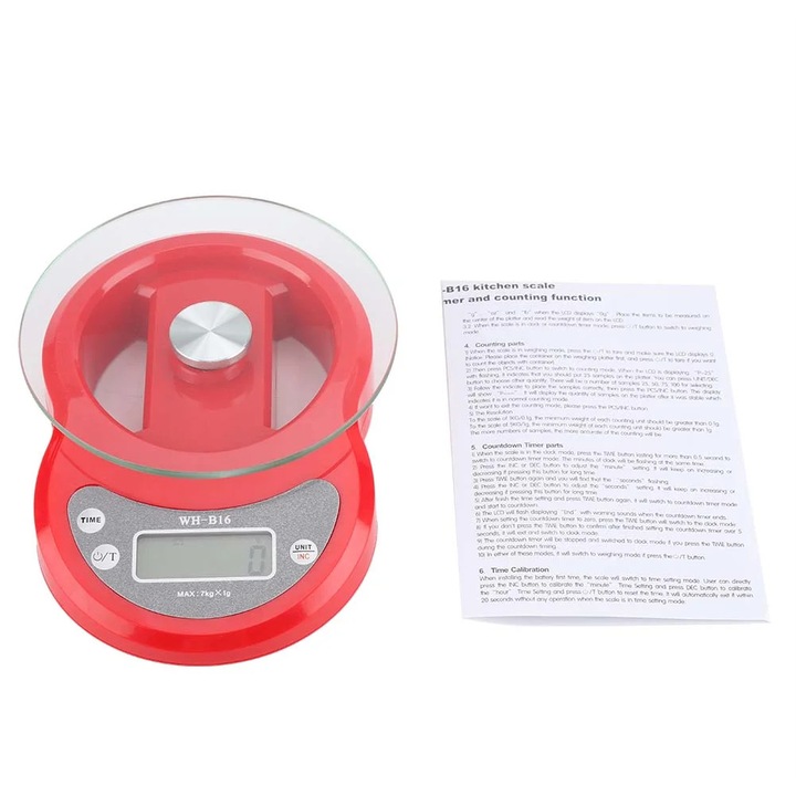 Cantar de bucatarie YANYXR digital, 5kg, sticla, rosu, 19x13.5x4.2cm