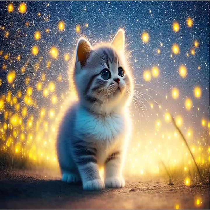 Set artizanat YANYXR Cat & Fireflies, pictura diamant, noapte sclipitoare, 1 panza, multicolor