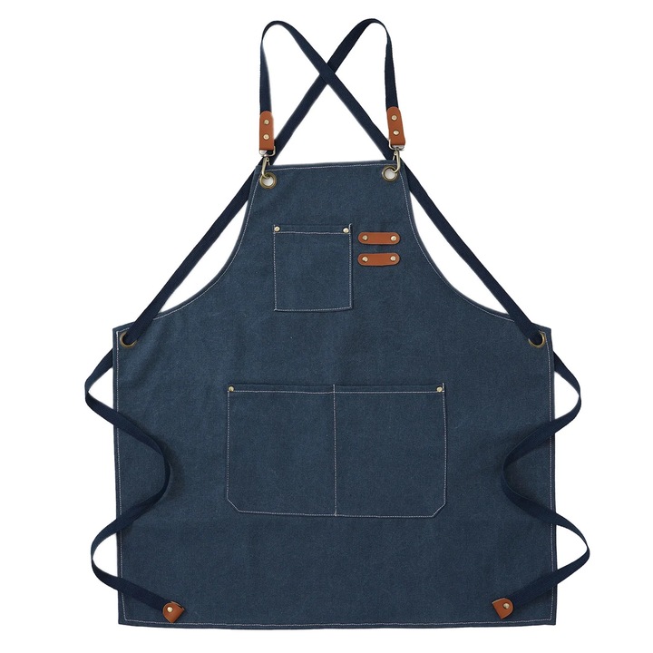 Sort gradina YANYXR bumbac canvas albastru inchis 76x68cm cu buzunare si bretele detasabile