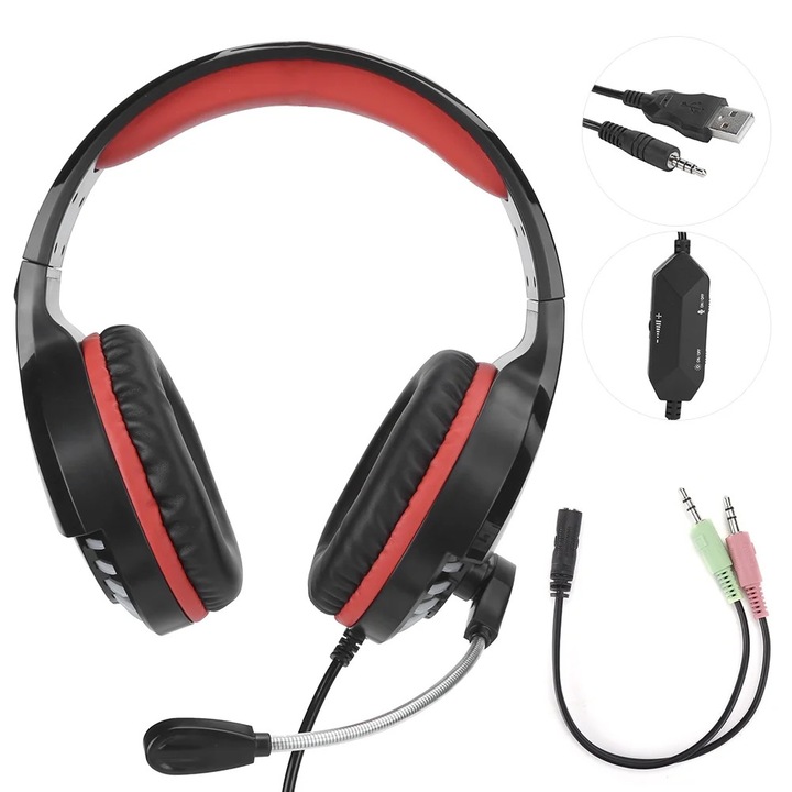 YANYXR M18 gaming fejhallgató, sztereó hangzás, mikrofon, fekete-piros, USB, világítás, kábel
