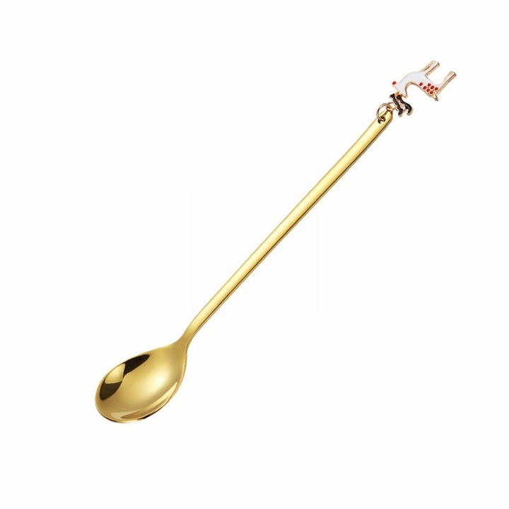 Lingura lunga din inox ZYBLSSBB LSM2xh1303-BCS0246551-5, placata auriu, cu pandantiv ren de Craciun
