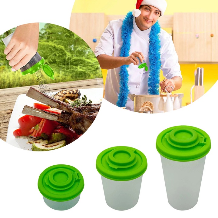 Set de 3 dozatoare condimente ZYBLSSBB, din PP, etanse cu capace cu orificii pentru presarat, verde/transparent