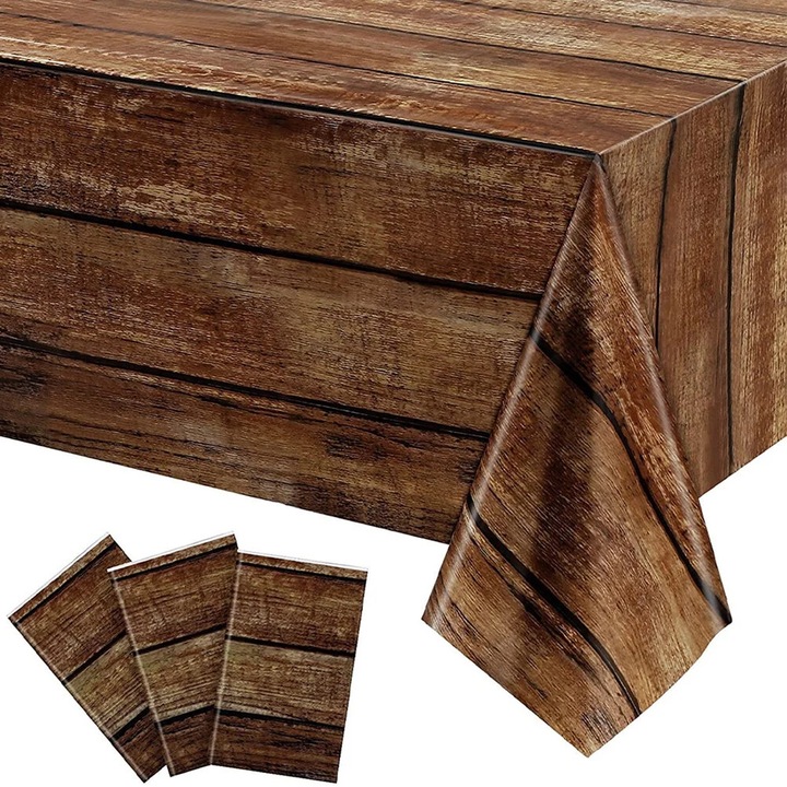 YANYXR BCS2917987 PE asztalterítő, rusztikus fa hatású mintával, barna, 3 darabos szett, 274 x 137 cm