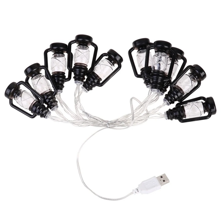 YANYXR BCS3561401 fényfüzér, 10 LED vintage lámpás, USB tápellátás, meleg fehér 3000K, IP42, fekete, 160 x 8 x 9 cm
