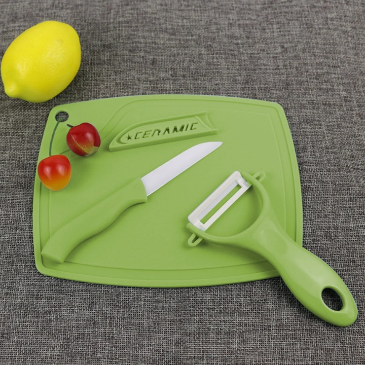 Set ceramic 3 piese cu cutit, curatator si tocator mini colorat