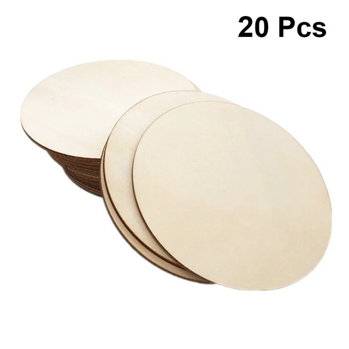 Set 20 felii lemn rotunde YANYXR, 10x10x0.2cm, natur, pentru pictura si decoratiuni DIY
