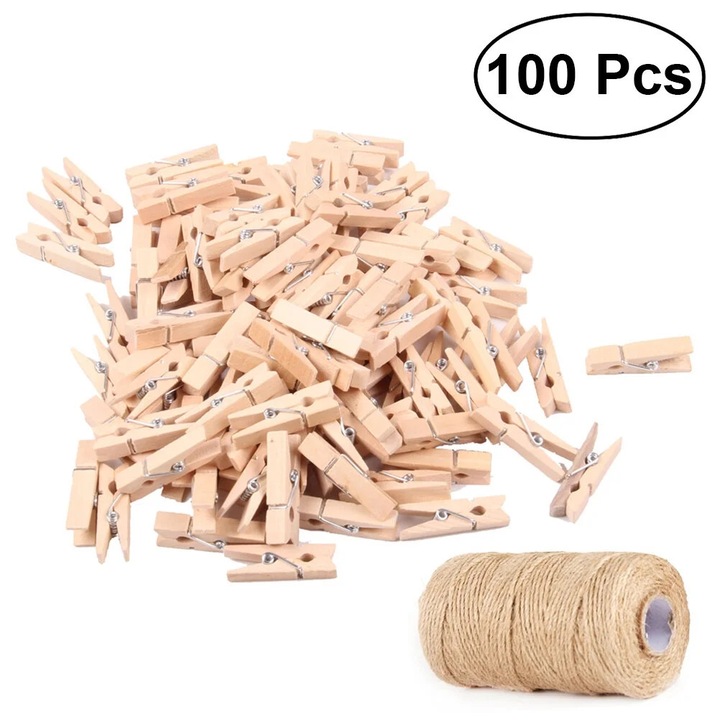 Комплект мини дървени щипки YANYXR с ютена връв 3.5x1.1x0.7cm 100yd