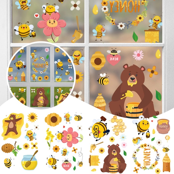 Autocolant pentru fereastra ZYBLSSBB LSM2xh1307-BCS0218414, set stickere decorative tema miere si urs/albine, multicolor