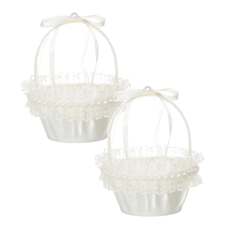 Cos flori nunta satin alb dantela fundita 20x15cm