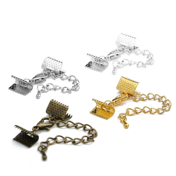 10 db ezüst szalagvég készlet 5x5x0.2cm, 5cm lánccal és 12mm-es kapoccsal