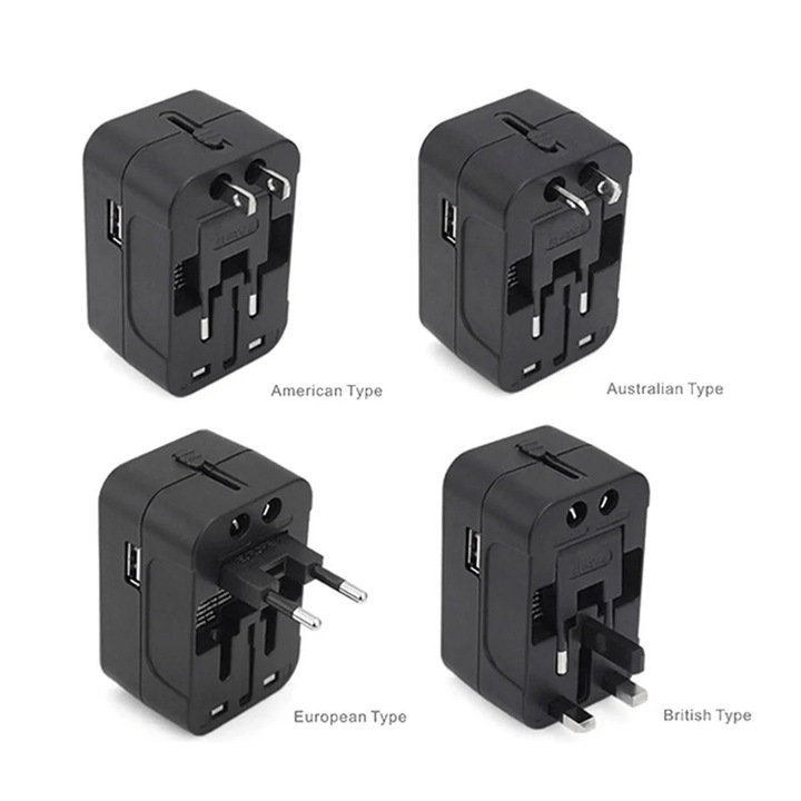 YANYXR univerzális utazó adapter, fekete, 7.7x5x4cm, 2 USB port, AC aljzat