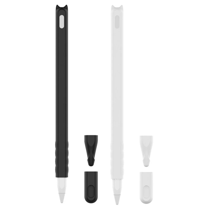 Husa siliconica YANYXR pentru creion Apple, model cap de pisica, negru alb, 16.8x1.06cm, set 2 bucati