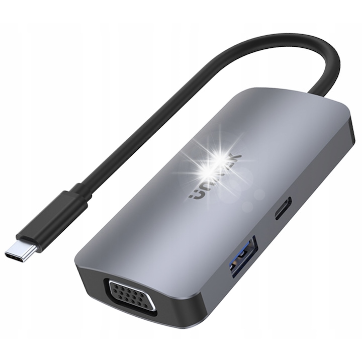 USB-C хъб Unitek, 2xHDMI 4K, VGA, USB 3.1, сив, компактен
