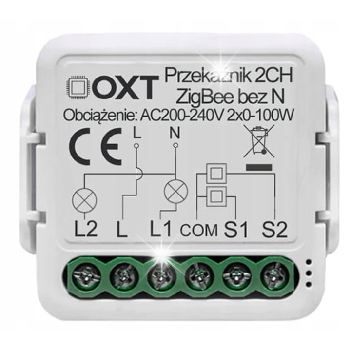 OXT ZigBee TUYA mini relé modul 2 csatornás N nélkül 90-250V 5A
