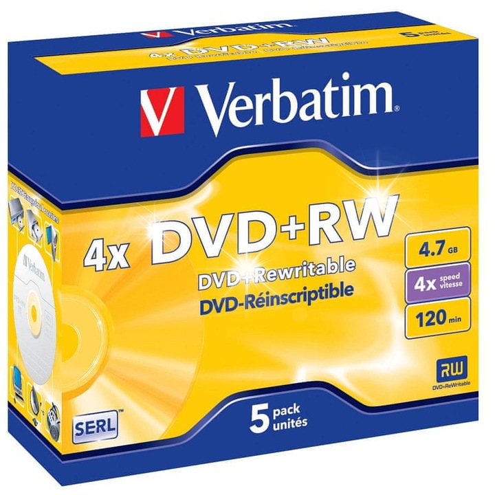 DVD+RW Verbatim 4.7GB x4 argintiu mat 5 buc