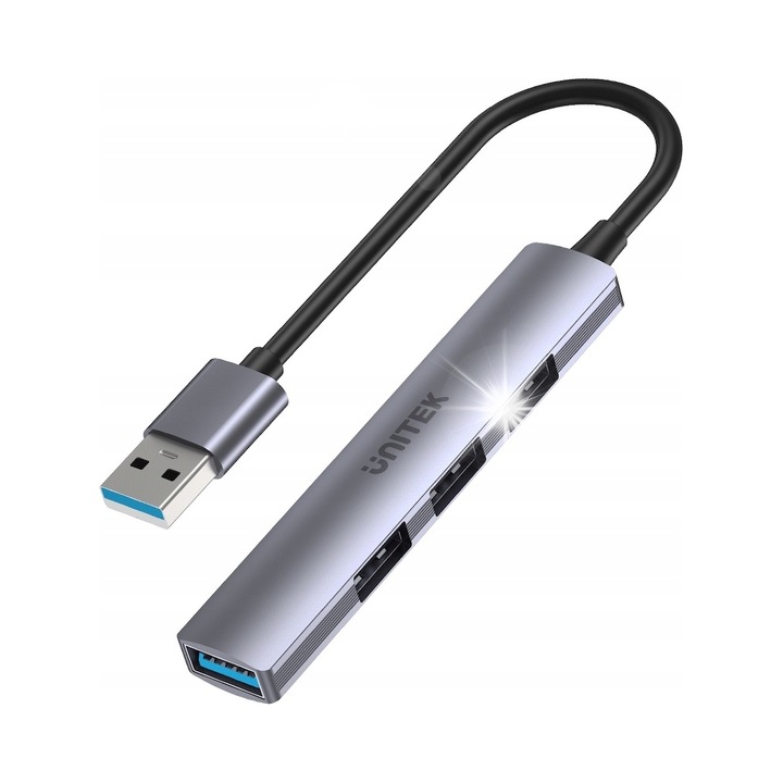 USB хъб Unitek H1208A, 4 порта, алуминий, сив, 8.8x1.7x0.9см