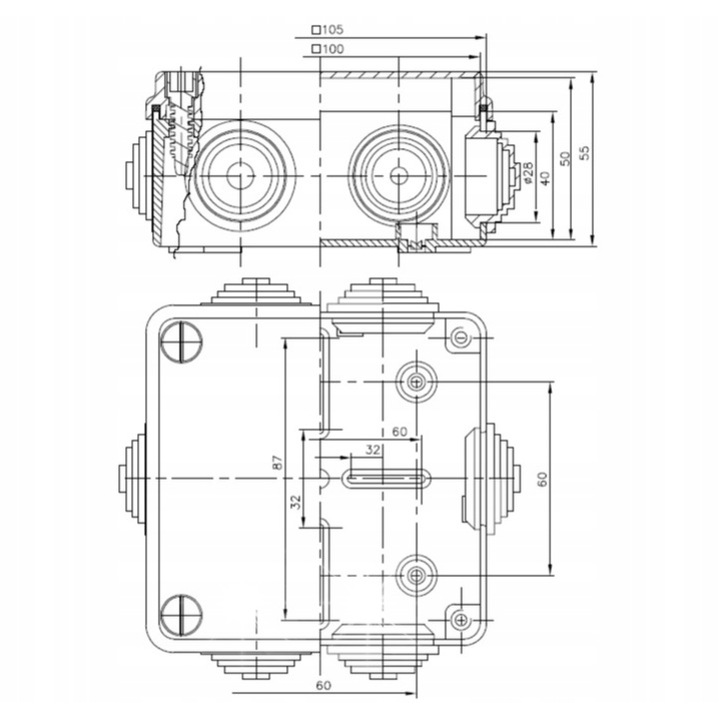 Pawbol S-Box 106 hermetikus doboz, IP65 védettség, szürke, 100x100x50mm, 6 kerek tömszelencével