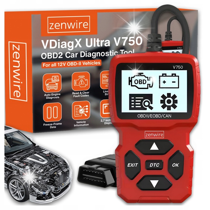 Interfata diagnosticare auto Zenwire V750, ecran LCD 2,7", compatibil OBD2, 142x87x24mm