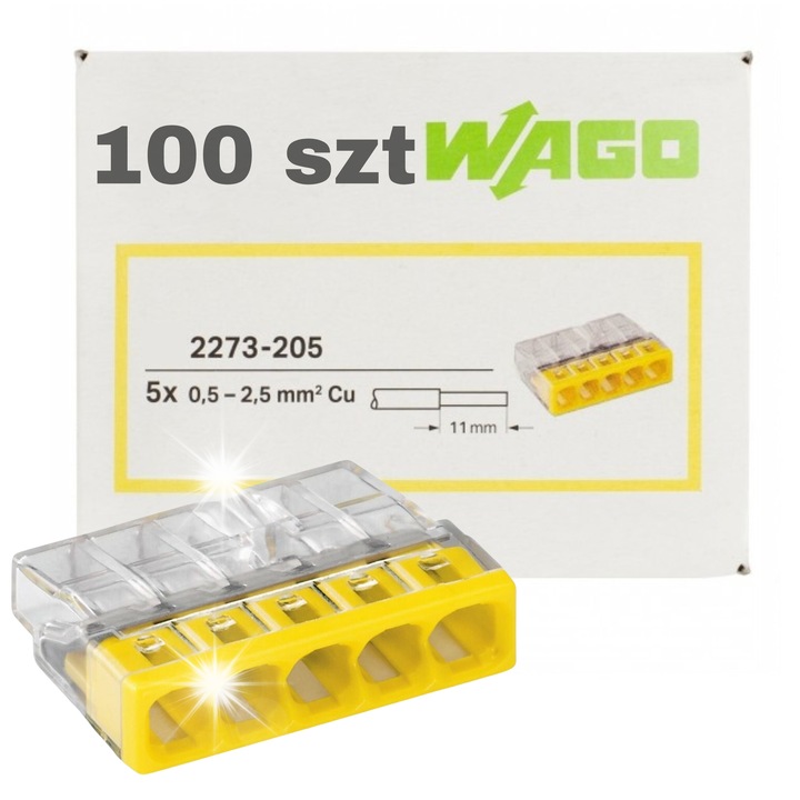 Conector electric WAGO 2273-205, 5 pini, 0.5-2.5mm², 22x16.7x5.8mm, set 100 buc