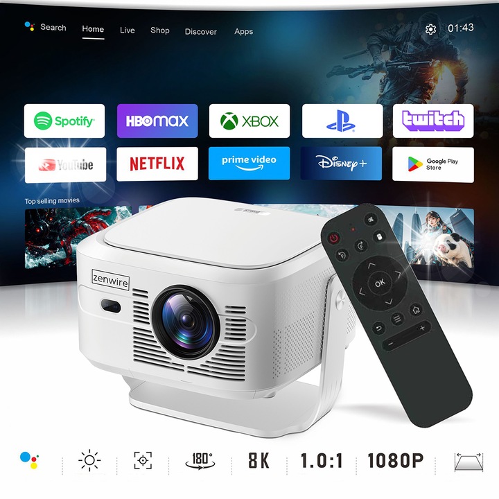 Проектор Zenwire PrimeView IMC460 Pro Android 14 WiFi 6 Bluetooth 5.4 Full HD 950 ANSI 247x241.5x193.5mm бял