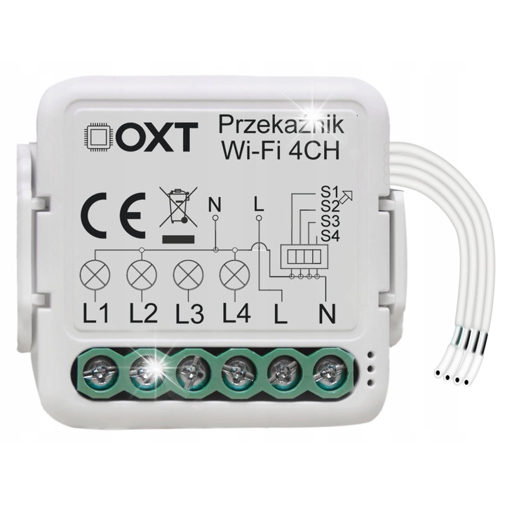 OXT mini relé modul, 4 csatornás WiFi Tuya, fehér, 220-240V