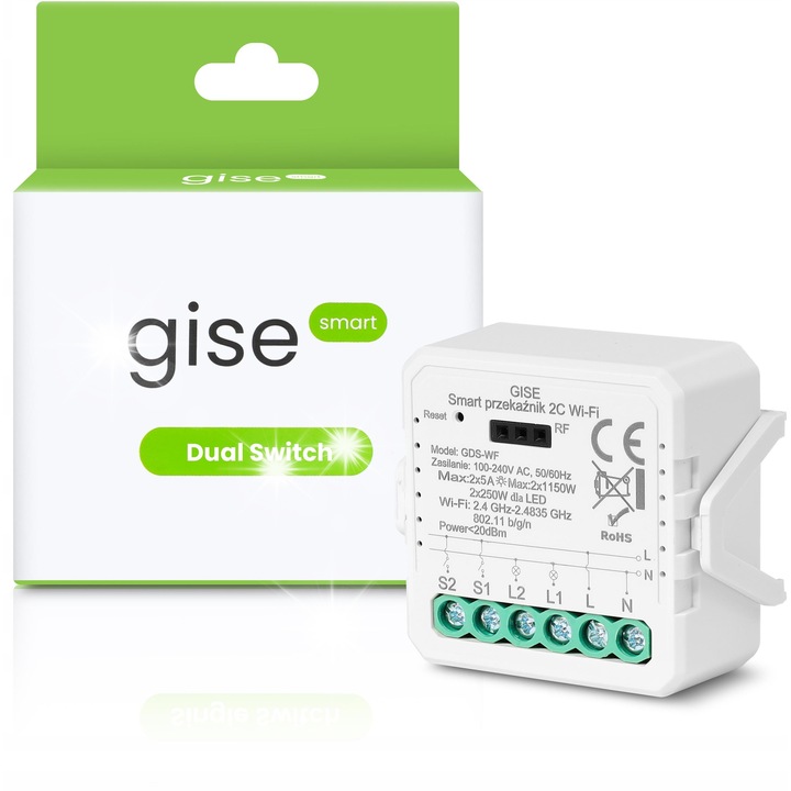 GISE Tuya WiFi dupla relé modul 45x45x20mm 10A