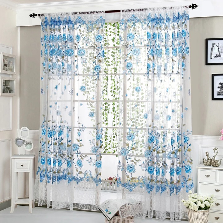 YANYXR Peony Voile Függöny Kék 200x100cm, Tüll, 1 Panel