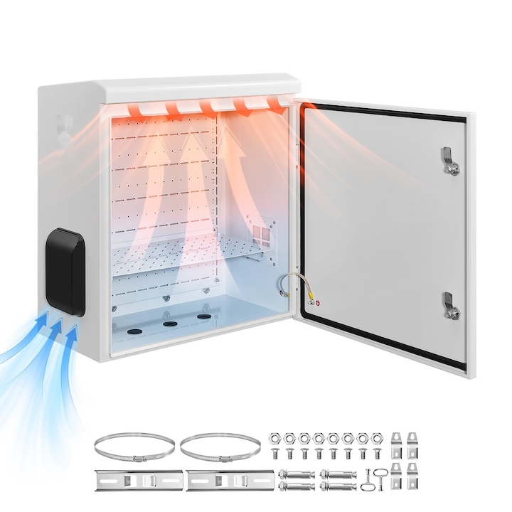 Cutie electrica de exterior, Dulap de distributie IP65, Otel laminat la rece, Termostat si ventilator integrate, Capac de protectie impotriva ploii, Ventilatie cu fante, Montaj pe perete sau stalp, 600 x 600 x 300 mm