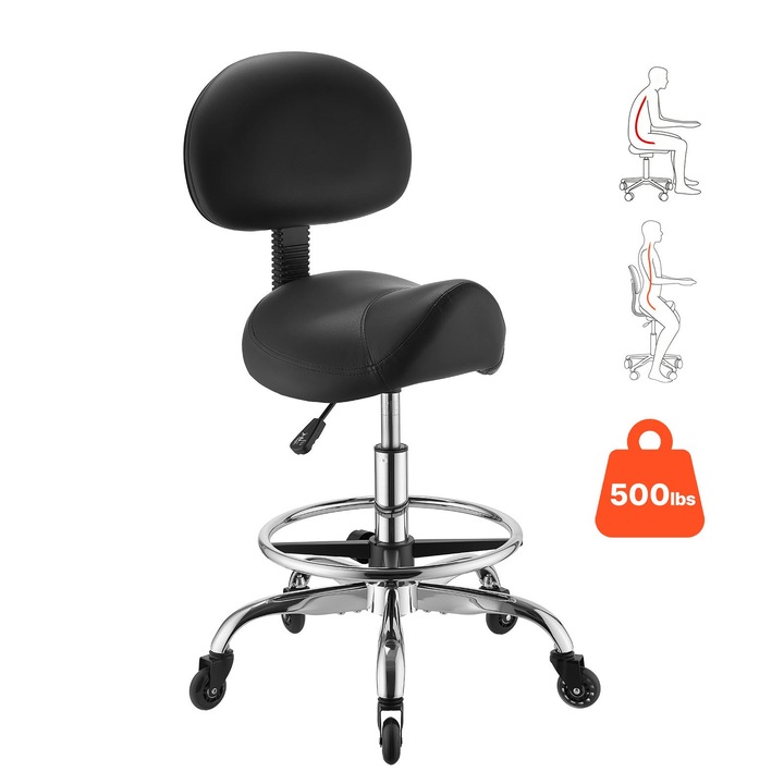 Scaun sa cu spatar, Rotativ pe roti, Capacitate 227 kg, Reglabil pe inaltime, Sezut piele PU, Rotire 360 de grade, Cu suport picioare, Negru