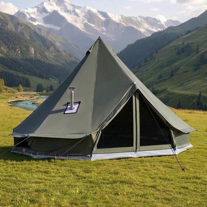 Cort tip clopot din panza, Cort yurta 5 m, 4 Sezoane, Cu iesire pentru soba, Pentru 7 persoane, Podea detasabila cu fermoar, Camping familie si glamping