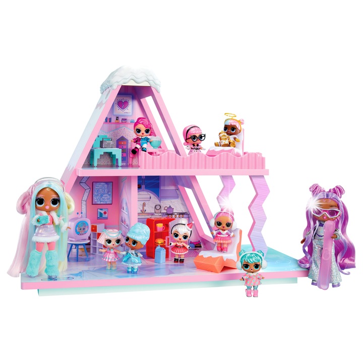 MGA Winter Snow Chalet babaház, babával, kiegészítőkkel, többszínű, 2 szint
