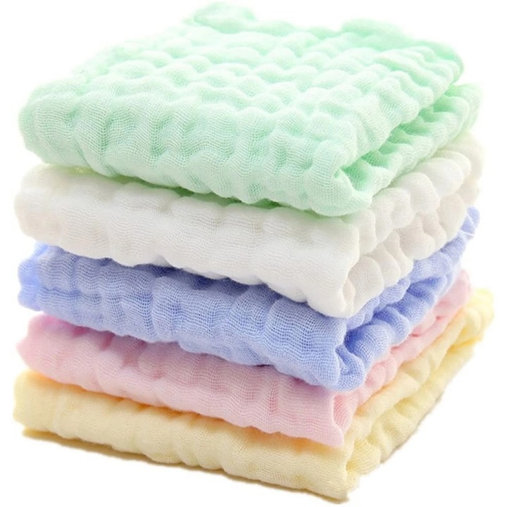 Set 5 prosoape muselina bebelusi, 30.5x30.5cm, alb, pentru piele sensibila