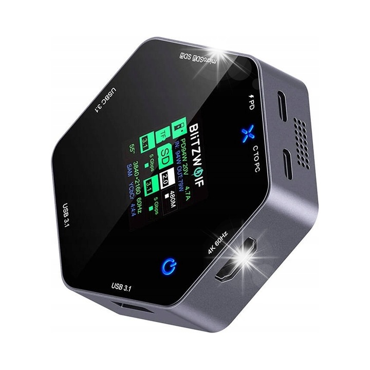 Blitzwolf BW-TH16 8 az 1-ben dokkolóállomás, USB-C, 100W, LCD, fekete, 8.2x7.2x2.2cm