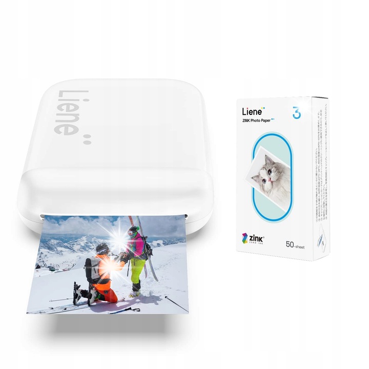 Liene Bluetooth hordozható mini fotónyomtató 12,5x8,5x2,5cm fehér, 50 lapos szett