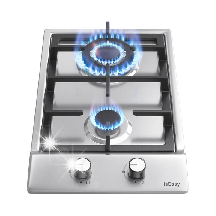 IsEasy MGBS-312A rozsdamentes acél gázfőzőlap, 51x31x11,5cm, két égőfejjel, 3300W és 1000W