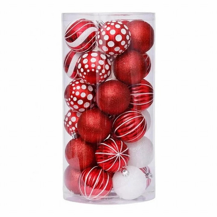 YANYXR karácsonyi gömbök, 30 db-os szett, piros-fehér, 60mm, törésálló