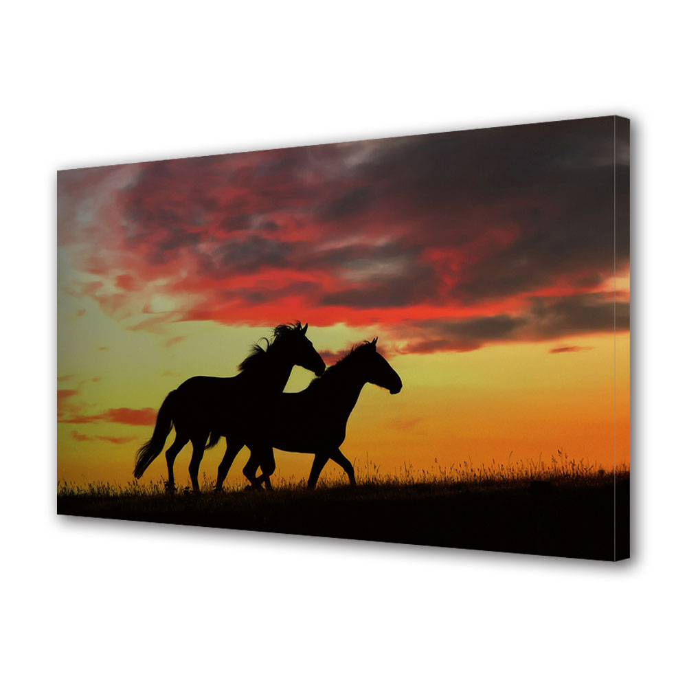 Tablou Canvas Luminos in intuneric VarioView LED Animale Cai salbatici alergand la apus 50 x 70 cm