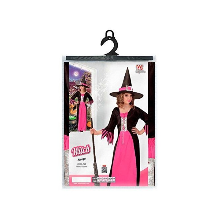 Costum pentru copii, Widmann, Fata, Vrajitoare, Roz/Negru, 128cm, 8+