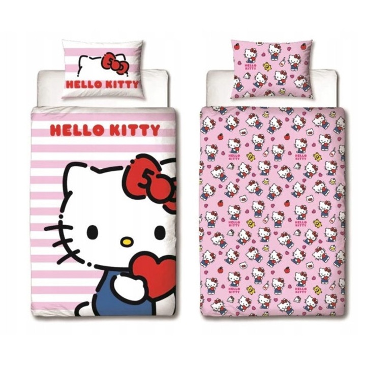 Lenjerie pat copii Hello Kitty, dublu fata, roz, 140x200cm