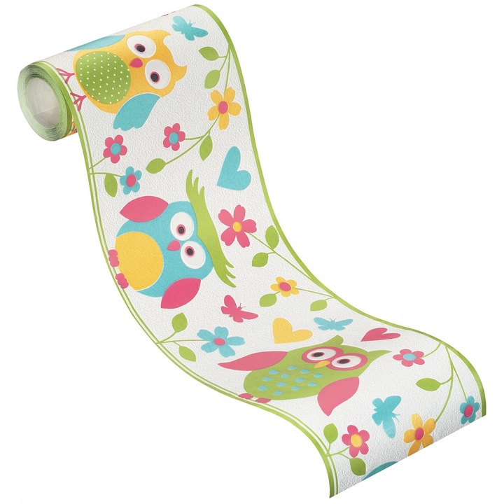 Banda decorativa Rasch cu bufnite multicolor 16x500cm pentru copii