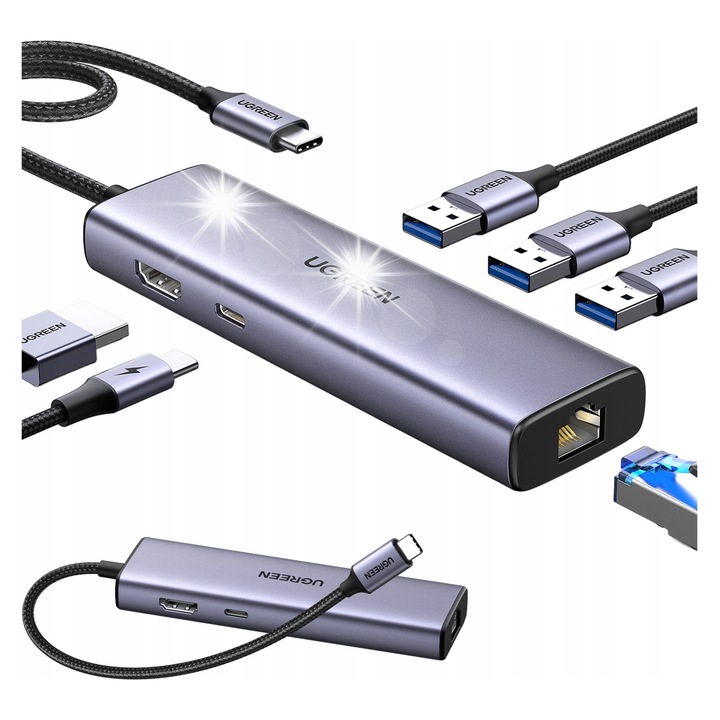 Адаптер хъб USB-C UGREEN 6в1, 3x USB-A 3.0, HDMI 4K, RJ45, PD 100W