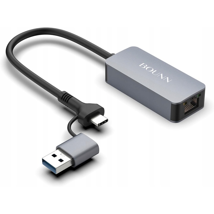 BOUNN RJ45 USB-A USB-C 2500 Mbps kompakt alumínium hálózati adapter