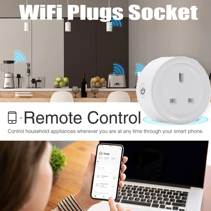 Priza smart YANYXR SA-003-UK, Wi‑Fi 2.4GHz, timer si control de la distanta, monitorizare consum, 10A/2200W, alb