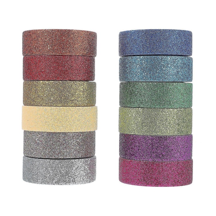 12 tekercses virágos, többszínű dekoratív washi szalag készlet, 200x1.5cm, papír