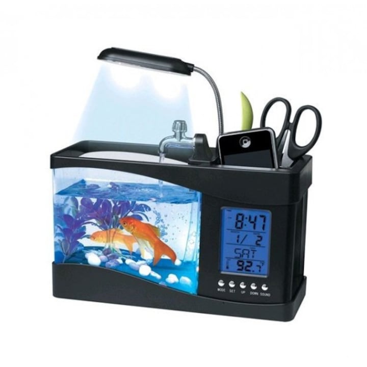 Universal Irodai akvárium, LCD kijelzővel, vízszivattyúval, meteorológiai állomás, lámpa, 6 hang, fekete