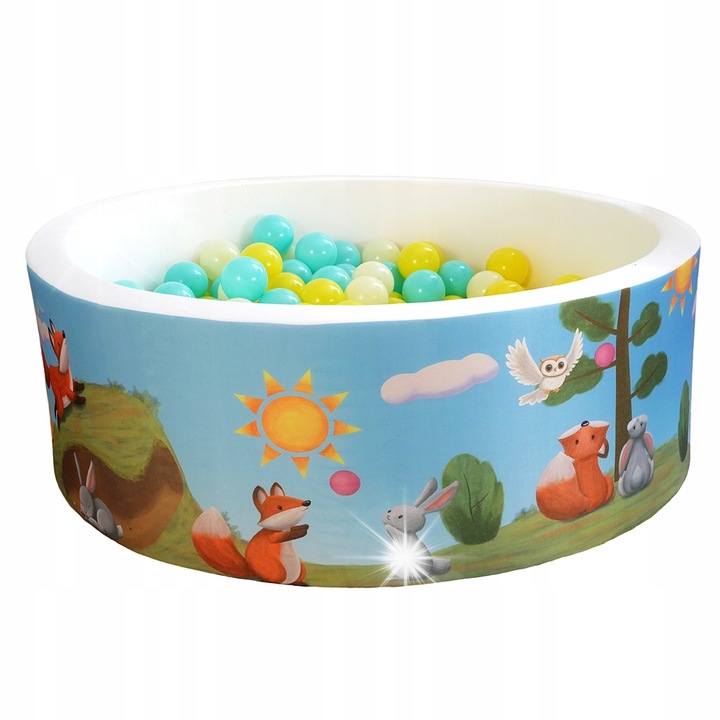 Basen uscat copii Symfony 90x30cm cu 200 bile multicolor, poveste Lisica si Iepure