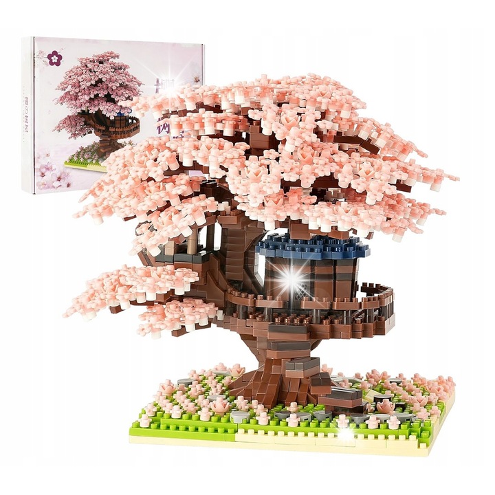 Sakura fa ház építőszett, 2151 darab, LED, rózsaszín-zöld, 30x22cm